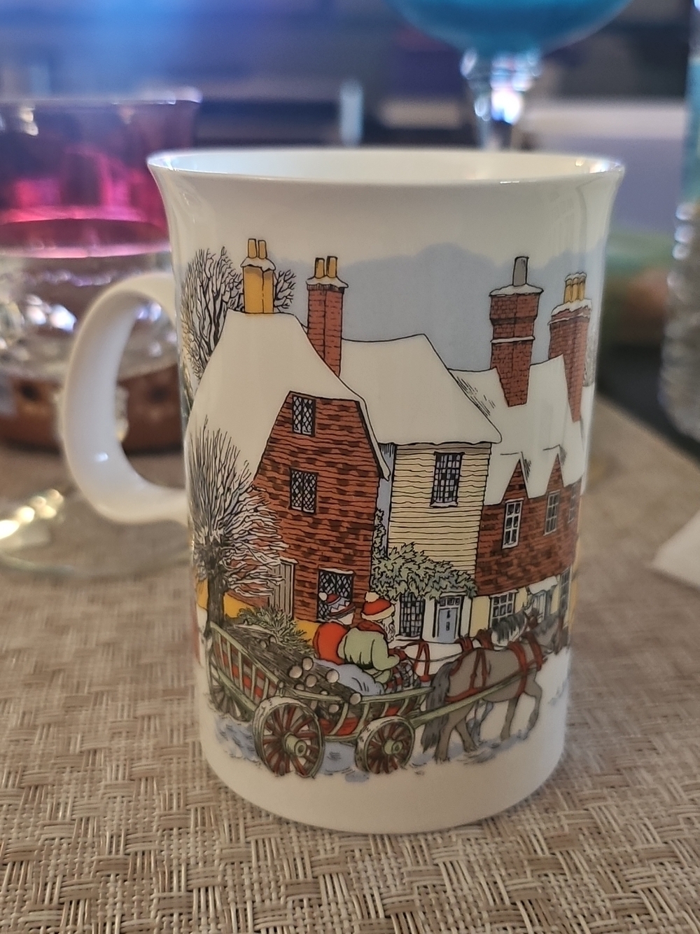 Ceramic Winter Village Fine China Mug in White with Festive Scene